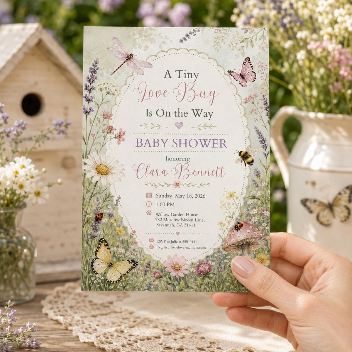 Floral Love Bug Baby Shower Invitation — print-ready baby shower design from VoltBy