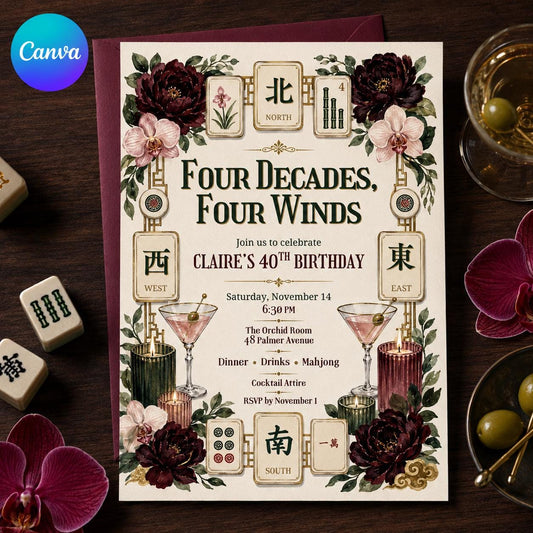 Floral Mahjong 40th Birthday Invitation — editable Canva template