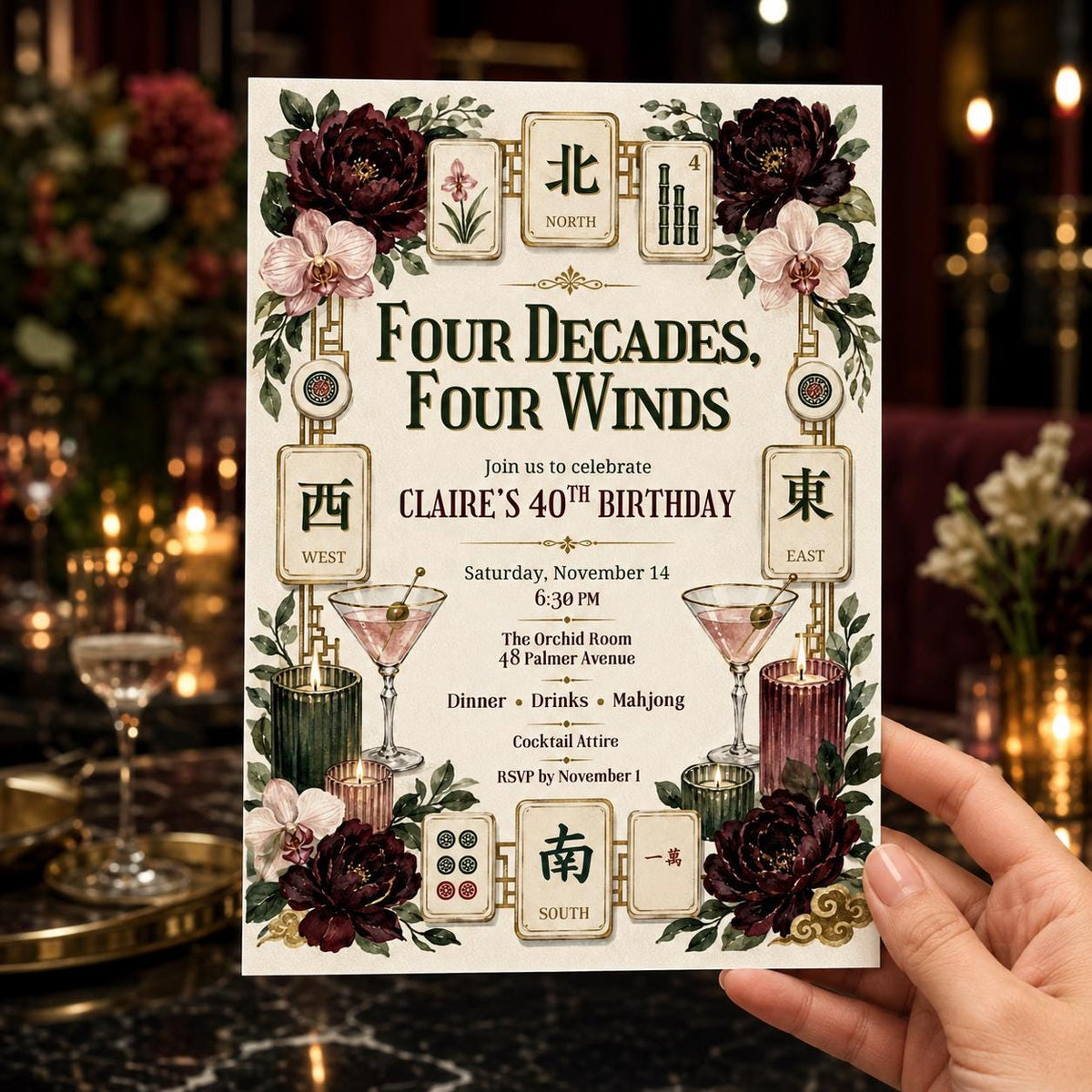 Floral Mahjong 40th Birthday Invitation — invitation you personalize in Canva