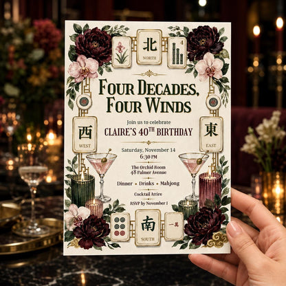 Floral Mahjong 40th Birthday Invitation — invitation you personalize in Canva