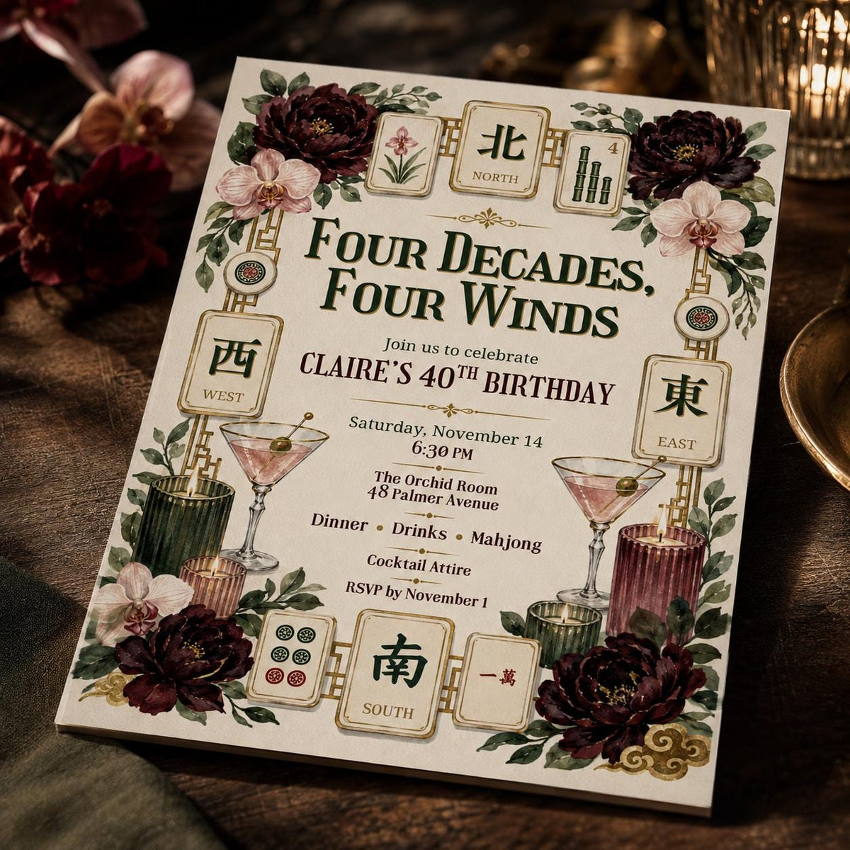 Floral Mahjong 40th Birthday Invitation — digital invitation, instant download