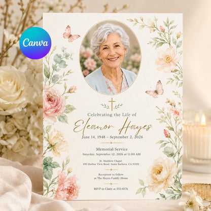 Floral Memorial Service Invitation: Floral Celebration of Life — editable Canva template