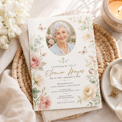 Floral Memorial Service Invitation: Floral Celebration of Life — digital invitation, instant download