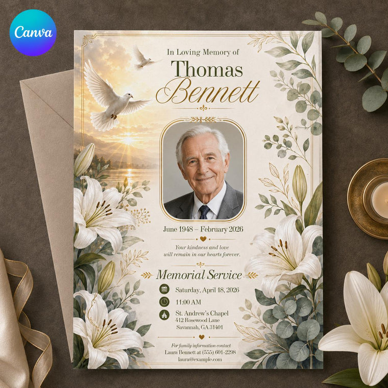 Floral Memorial Service Invitation: In Loving Memory Funeral Announcement