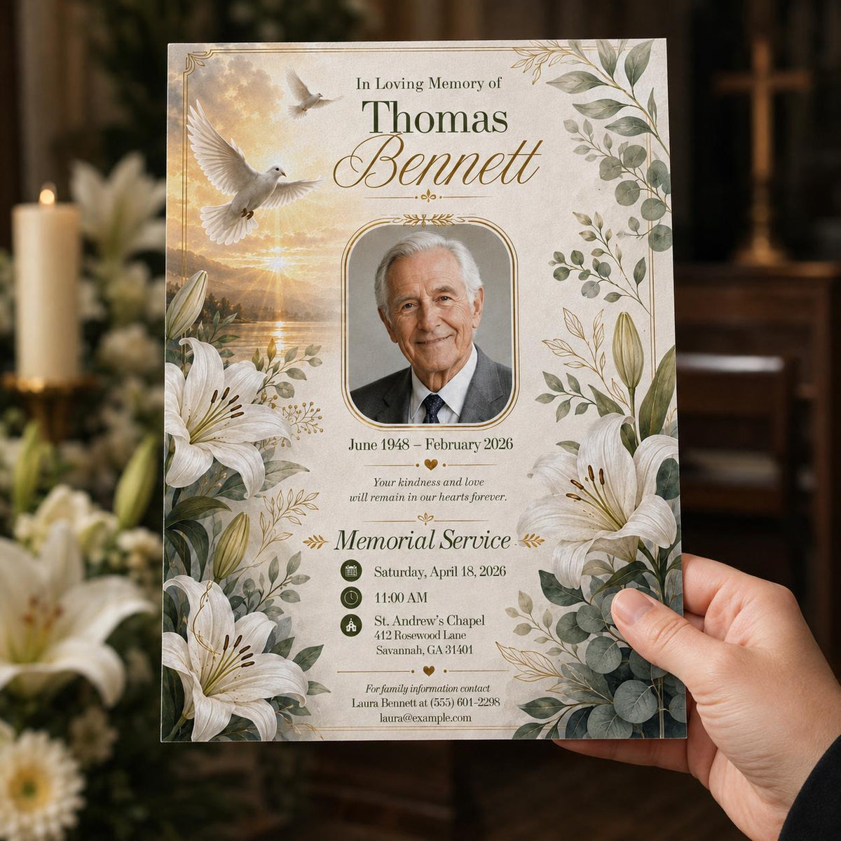 Floral Memorial Service Invitation: In Loving Memory Funeral Announcement — print-ready celebration of life design