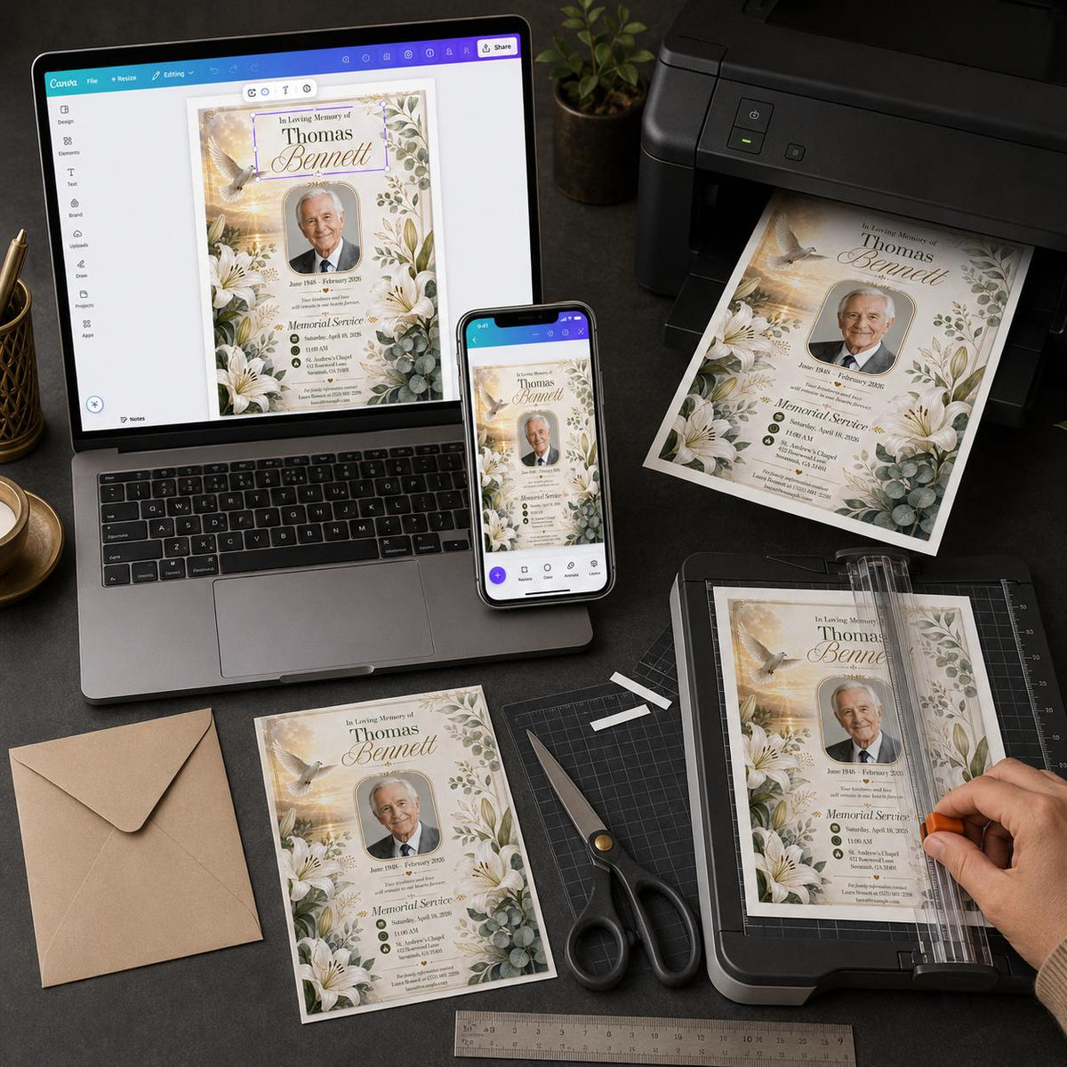 Floral Memorial Service Invitation: In Loving Memory Funeral Announcement — digital invitation, instant download