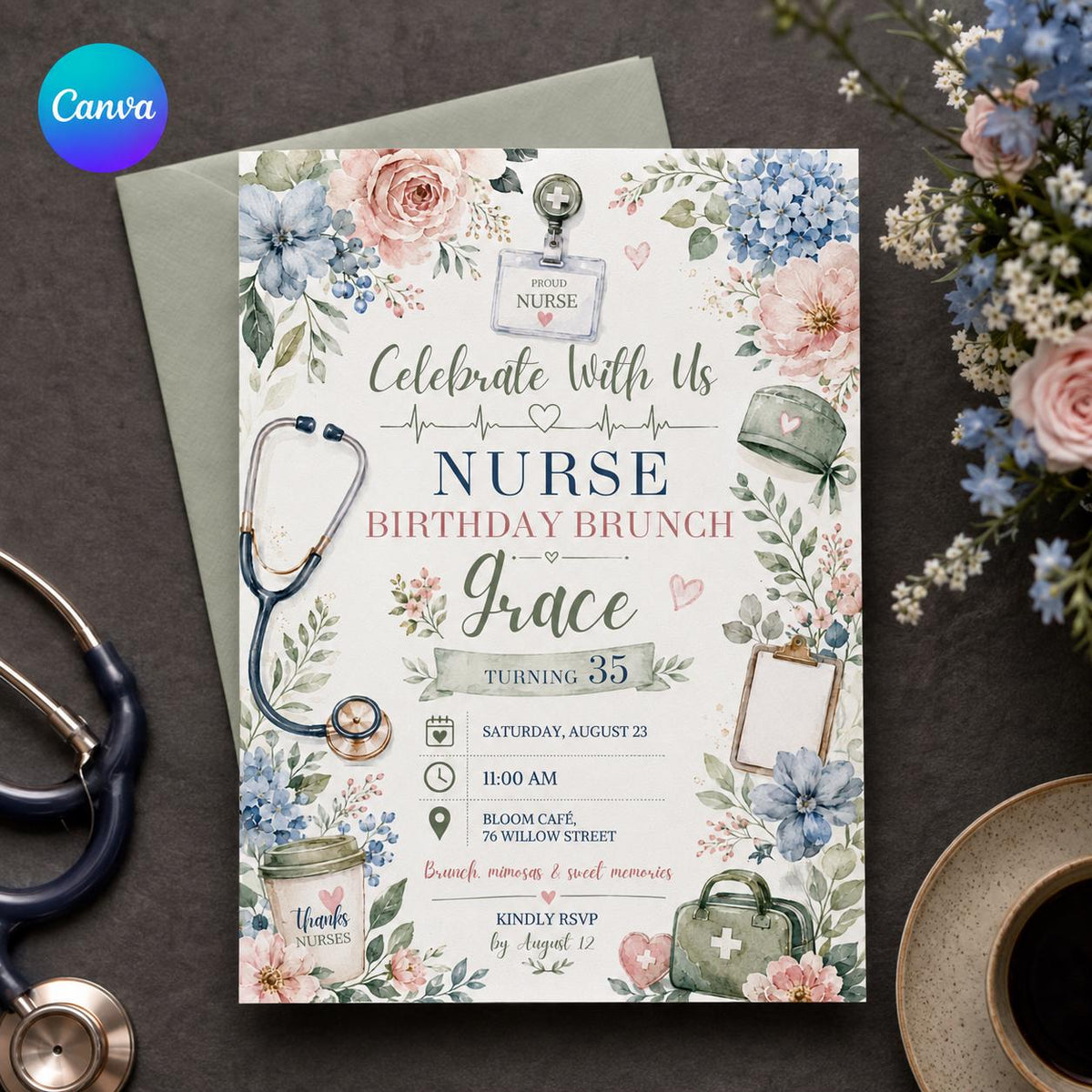Floral Nurse Birthday Brunch Invitation — editable Canva template