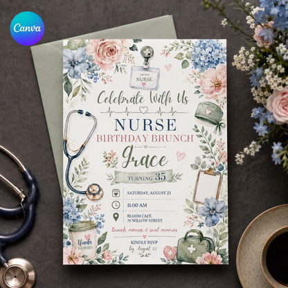 Floral Nurse Birthday Brunch Invitation — editable Canva template