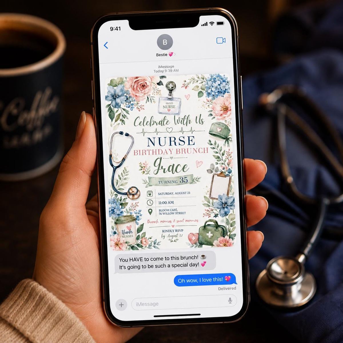 Floral Nurse Birthday Brunch Invitation — invitation you personalize in Canva