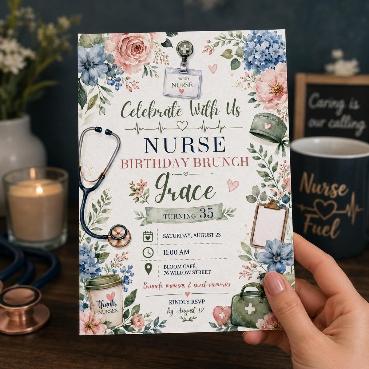 Floral Nurse Birthday Brunch Invitation — print-ready birthday party design from VoltBy