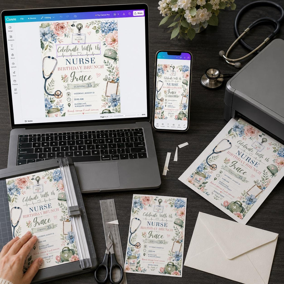 Floral Nurse Birthday Brunch Invitation — digital invitation, instant download