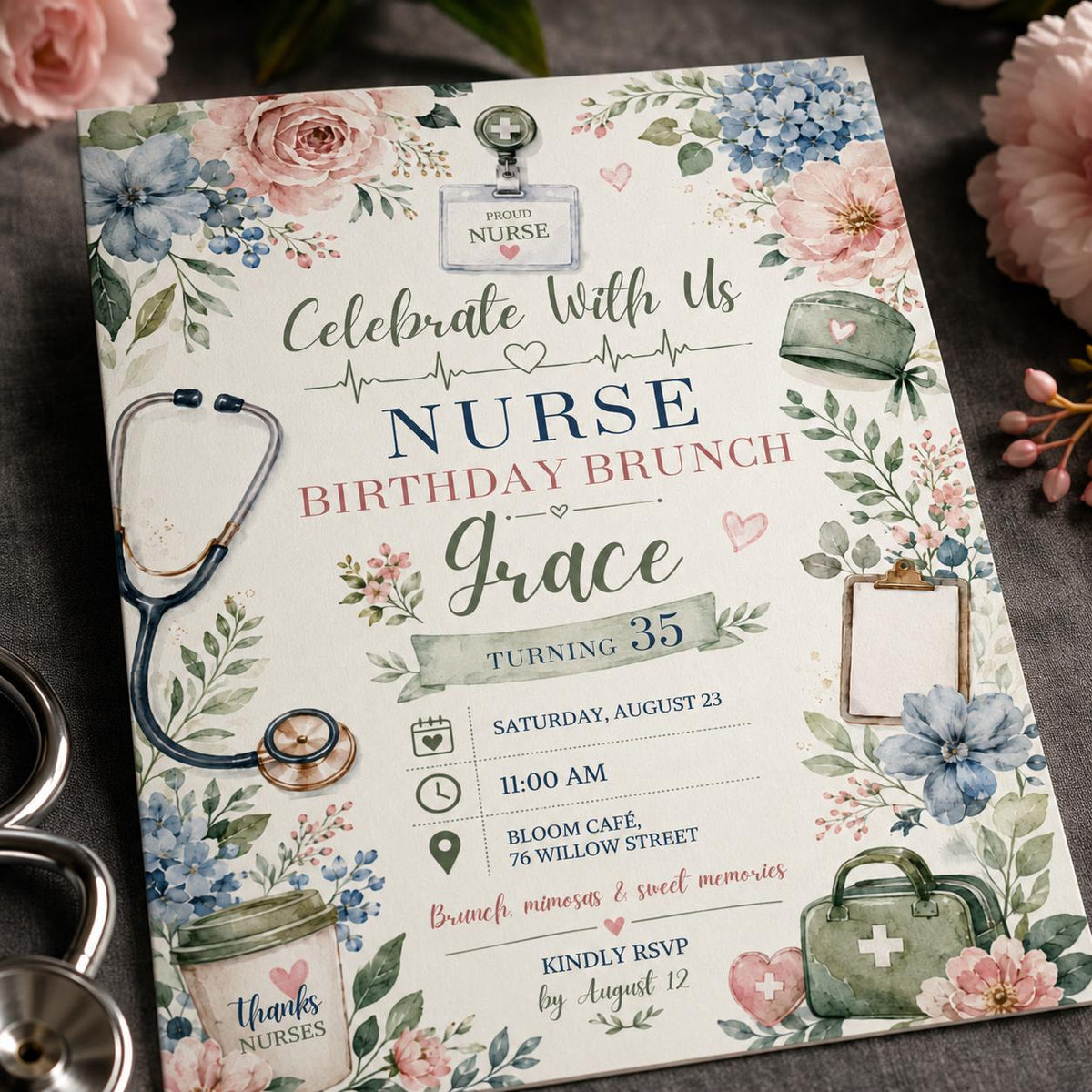Floral Nurse Birthday Brunch Invitation — birthday party stationery by VoltBy