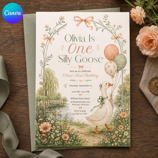 Floral One Silly Goose First Birthday Invitation — editable Canva template