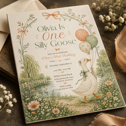 Floral One Silly Goose First Birthday Invitation — invitation you personalize in Canva