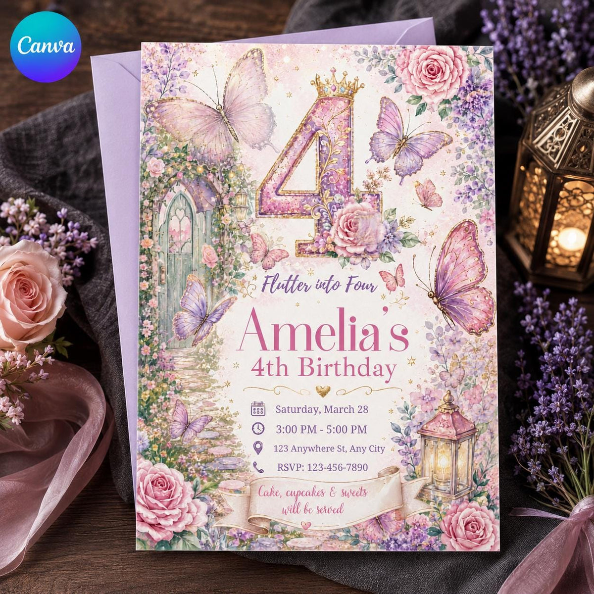 Floral Pastel Butterfly 4th Birthday Invitation for Girls — editable Canva template