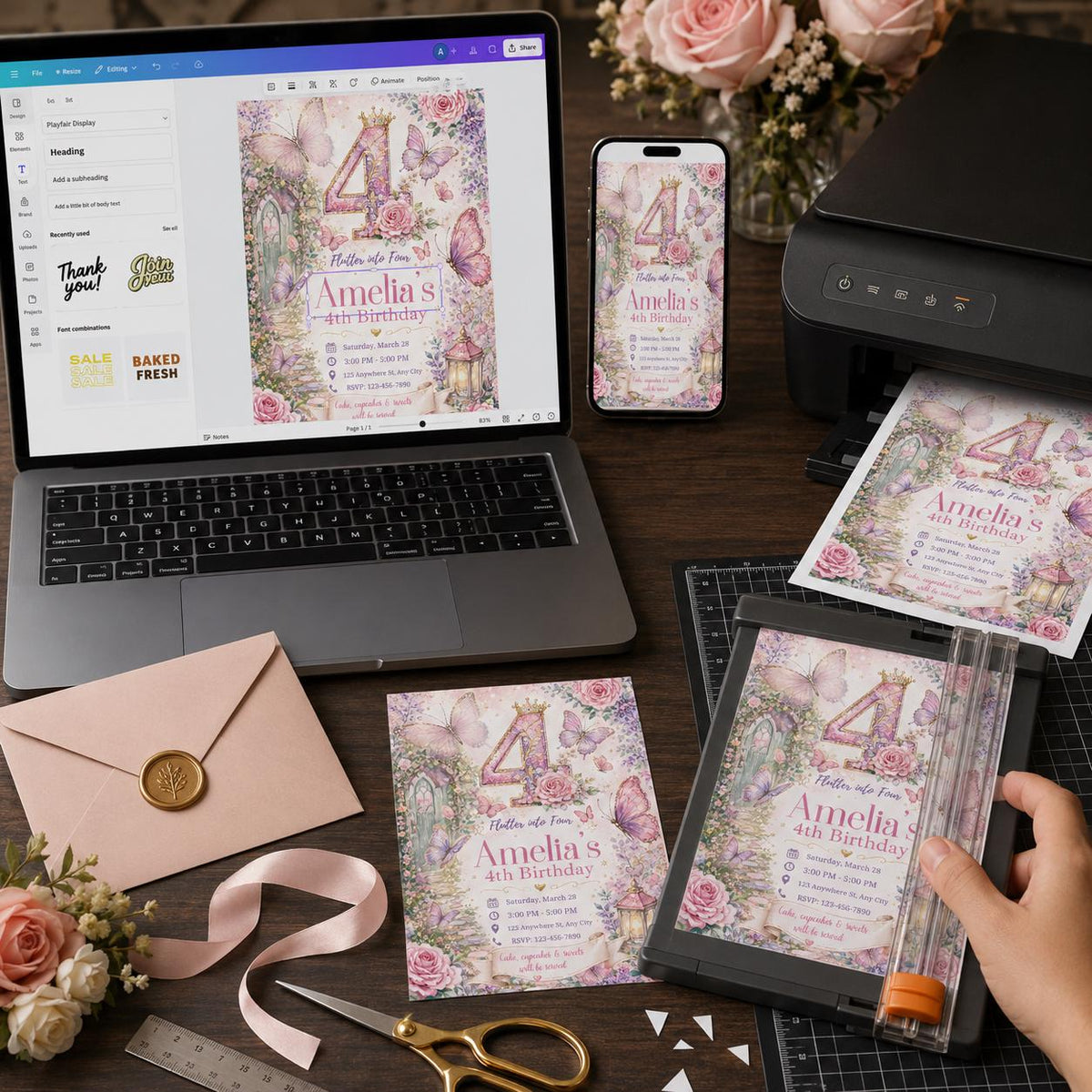 Floral Pastel Butterfly 4th Birthday Invitation for Girls — digital invitation, instant download