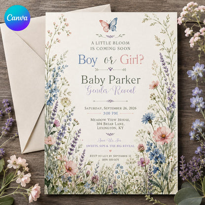 Floral Pastel Wildflower Gender Reveal Invitation for Girls — editable Canva template