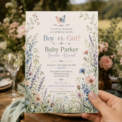 Floral Pastel Wildflower Gender Reveal Invitation for Girls — invitation you personalize in Canva