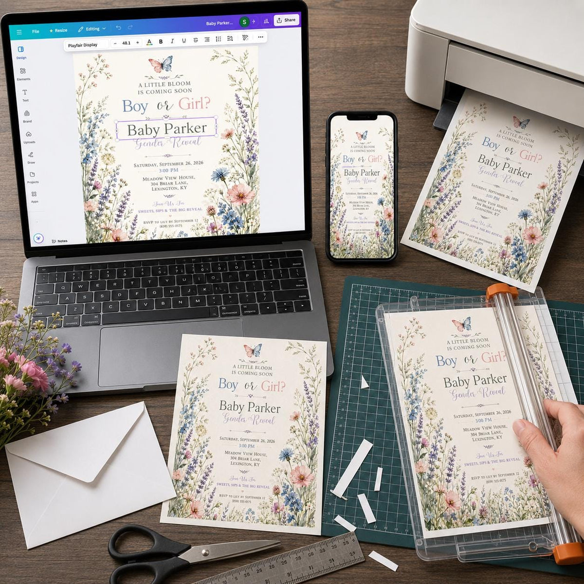 Floral Pastel Wildflower Gender Reveal Invitation for Girls — print-ready gender reveal design from VoltBy