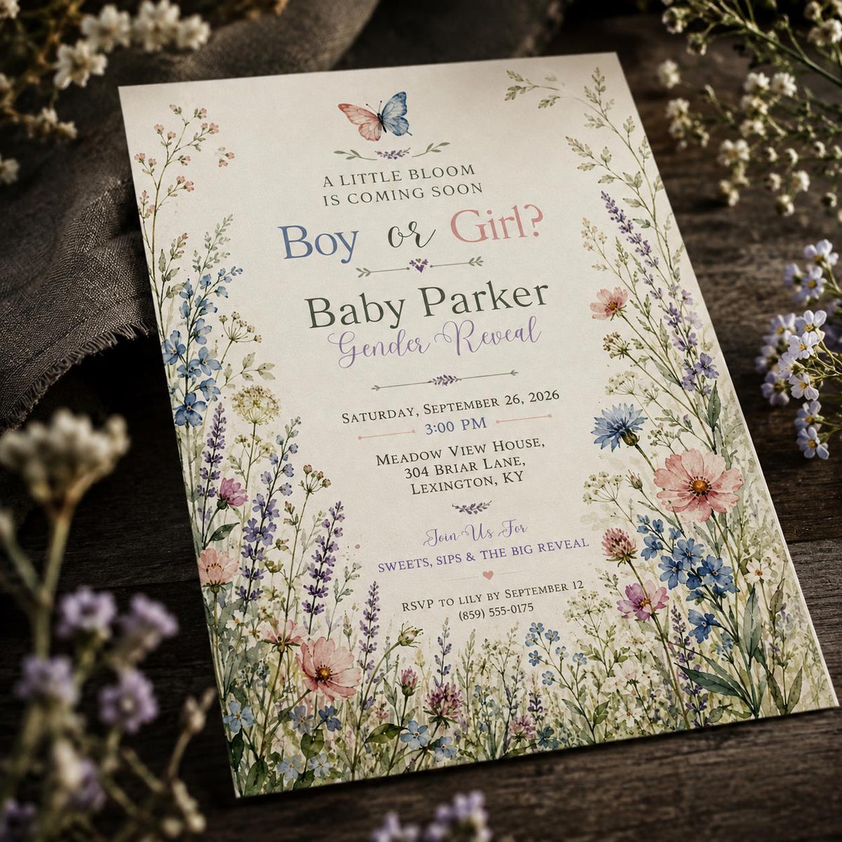 Floral Pastel Wildflower Gender Reveal Invitation for Girls — digital invitation, instant download