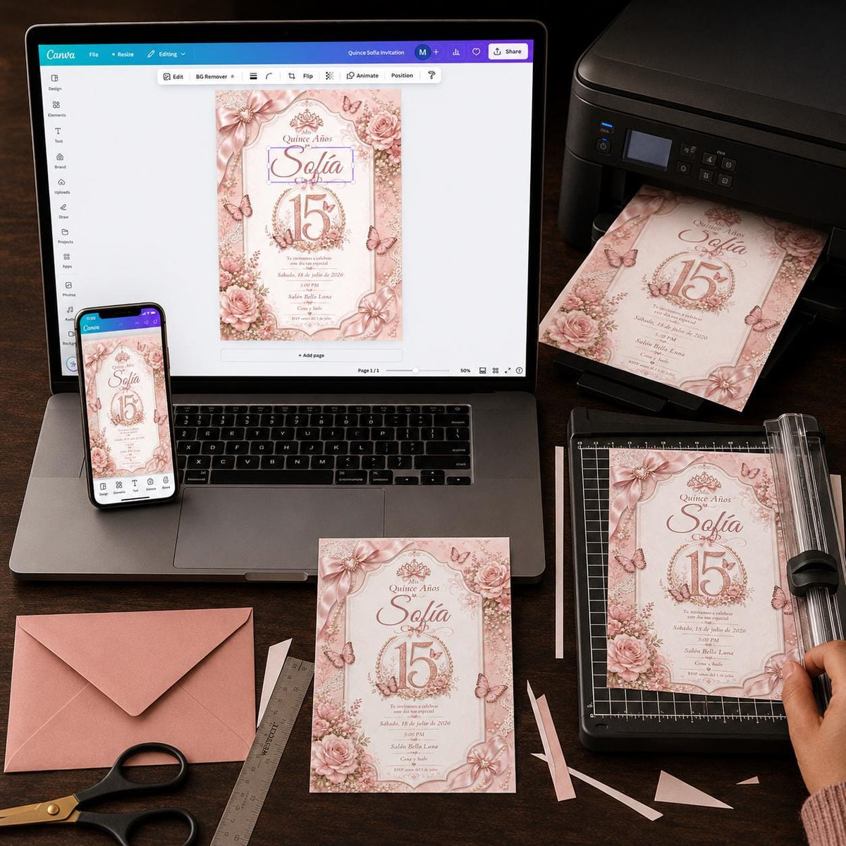 Floral Pink Quinceañera Invitation — butterfly design