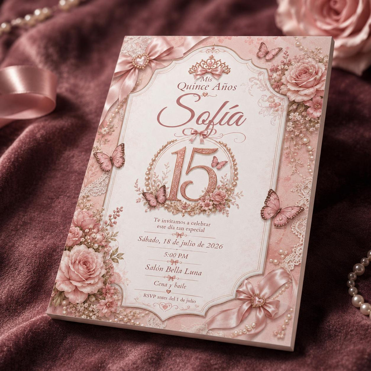Floral Pink Quinceañera Invitation — invitation you personalize in Canva