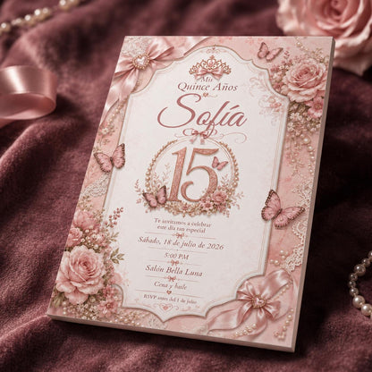 Floral Pink Quinceañera Invitation — invitation you personalize in Canva