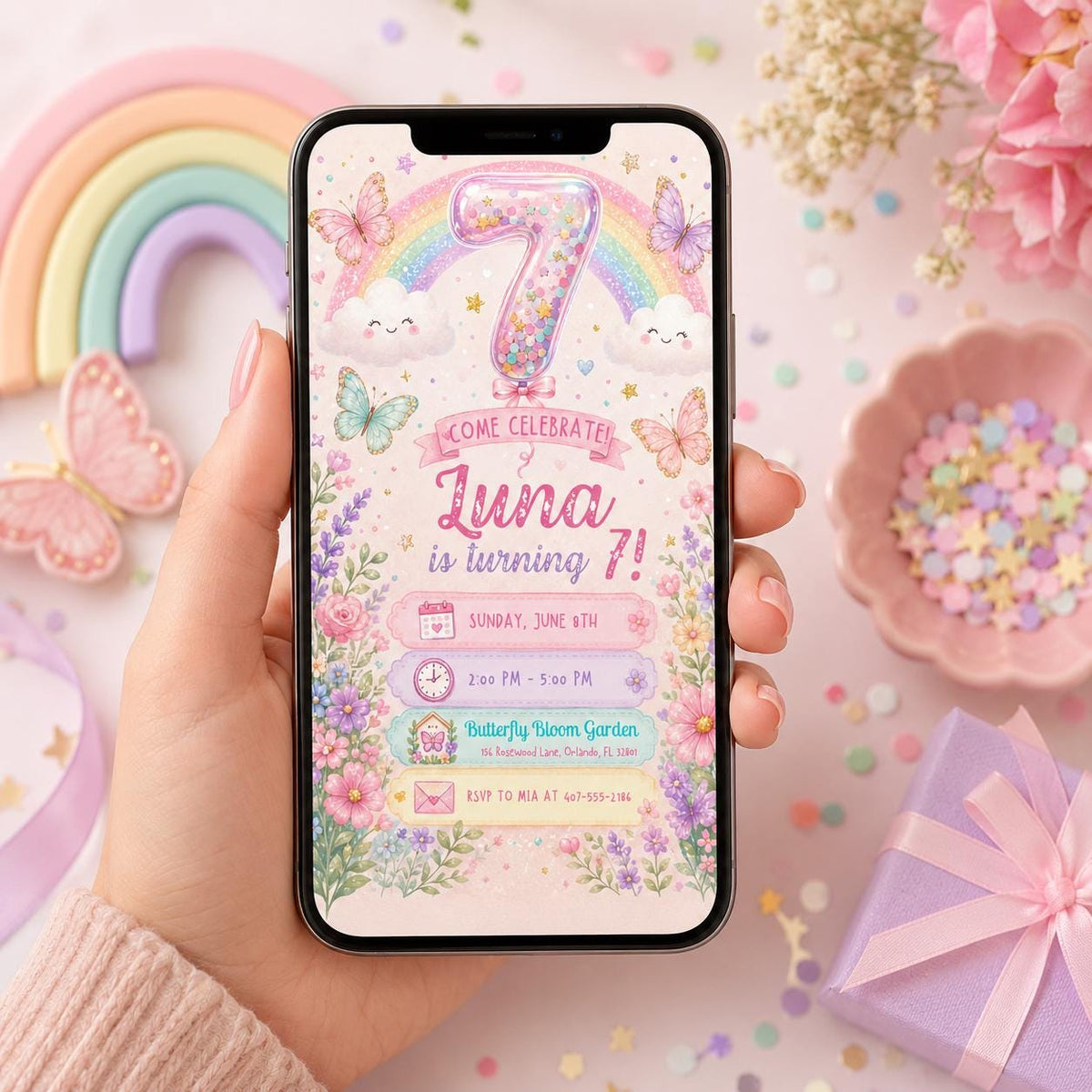 Floral Rainbow 7th Birthday Invitation with Butterflies — butterfly design