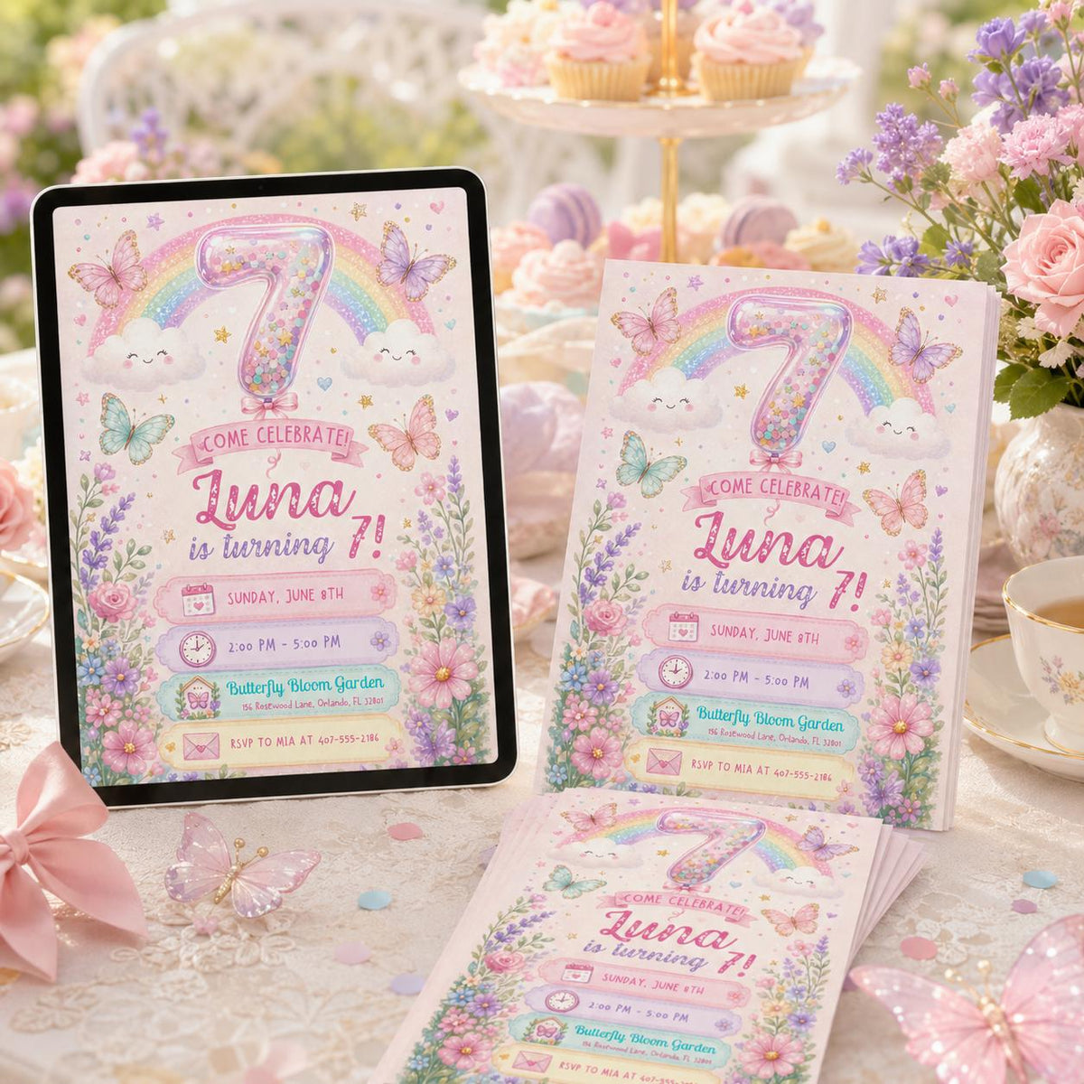 Floral Rainbow 7th Birthday Invitation with Butterflies — invitation you personalize in Canva