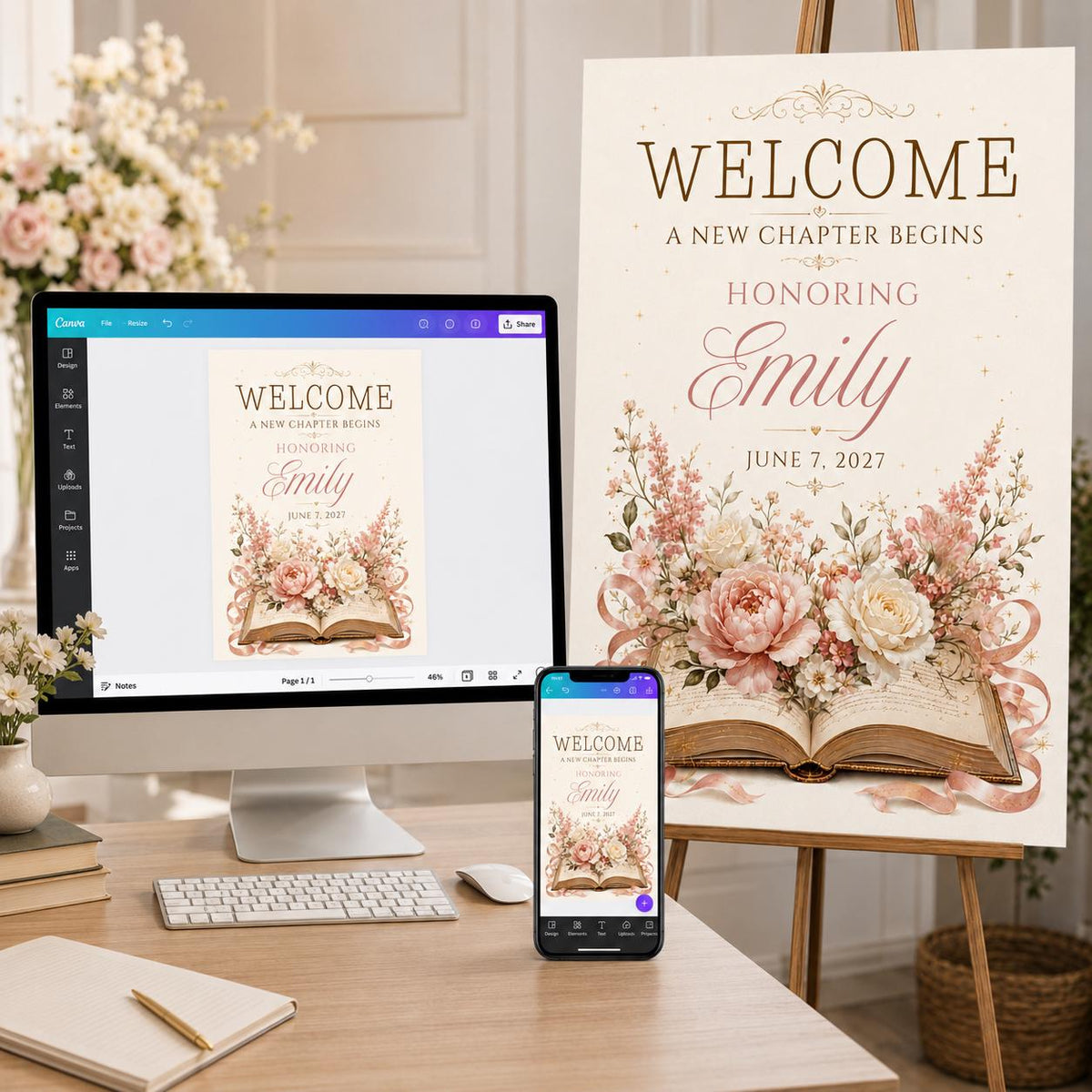 Floral Retirement Welcome Sign — welcome sign you personalize in Canva
