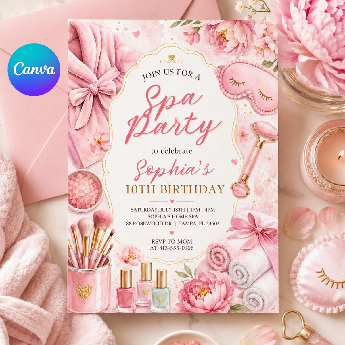 Floral Spa Party 10th Birthday Invitation with Pink Bow — editable Canva template