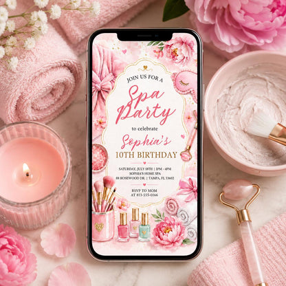 Floral Spa Party 10th Birthday Invitation with Pink Bow — print-ready 10th birthday party design from VoltBy
