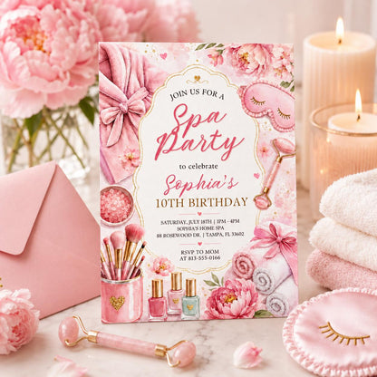 Floral Spa Party 10th Birthday Invitation with Pink Bow — 10th birthday party stationery by VoltBy