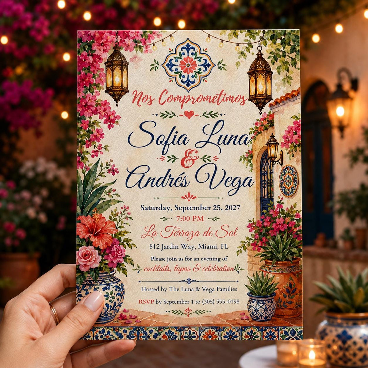 Floral Spanish Engagement Party Invitation — print-ready engagement party design from VoltBy