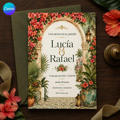Floral Spanish Garden Wedding Invitation — editable Canva template