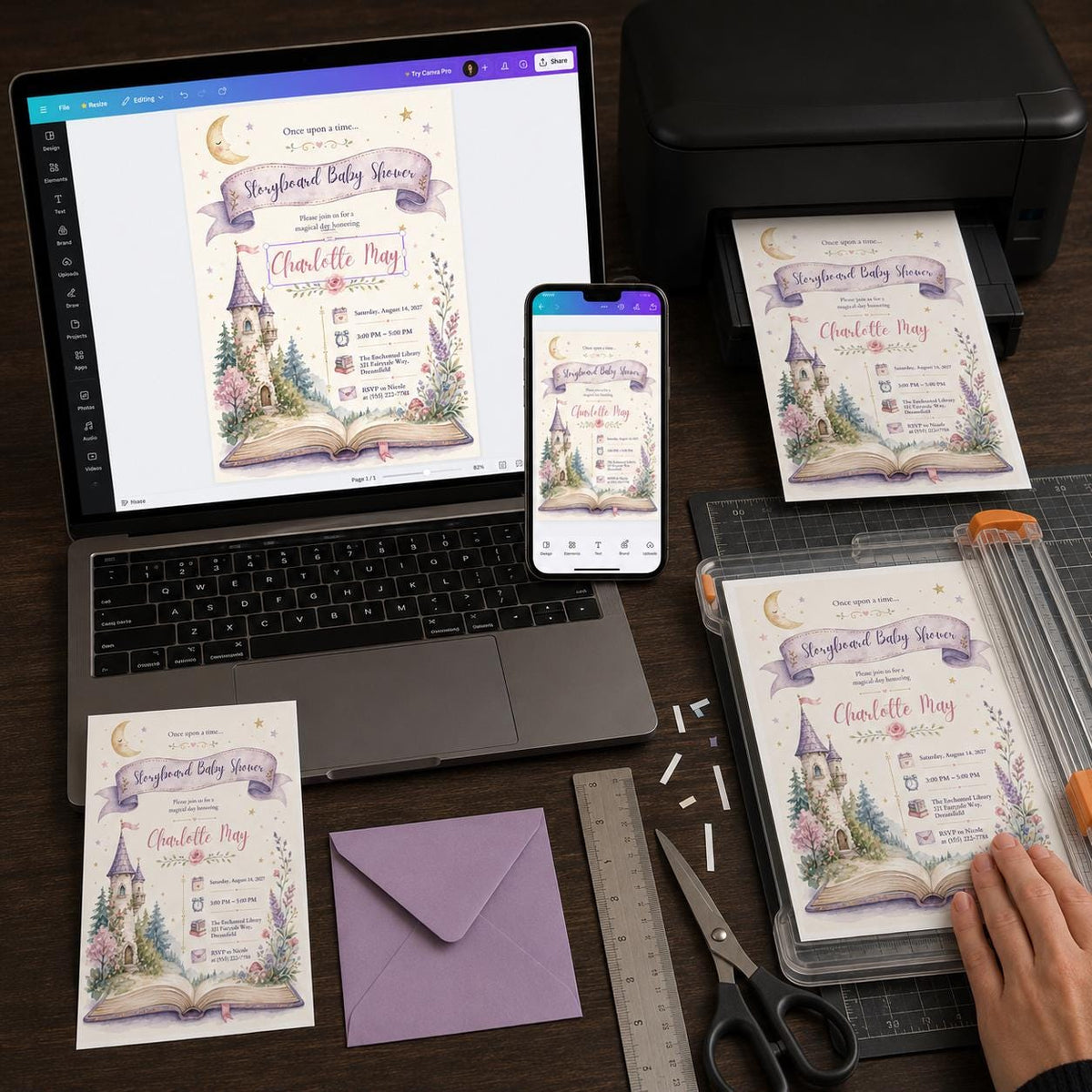 Floral Storybook Baby Shower Invitation — castle and library design