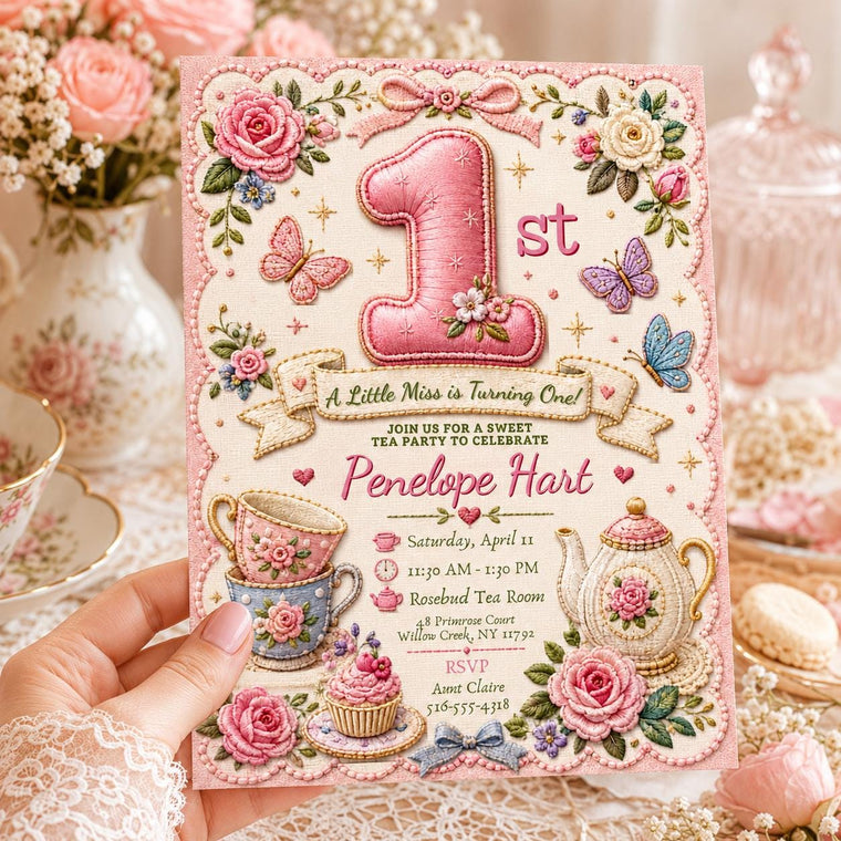 Floral Tea Party 1st Birthday Invitation for Girls