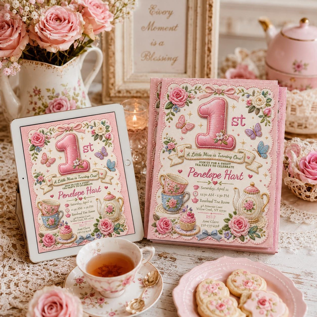 Floral Tea Party 1st Birthday Invitation for Girls — invitation you personalize in Canva