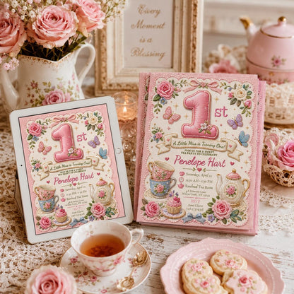 Floral Tea Party 1st Birthday Invitation for Girls — invitation you personalize in Canva