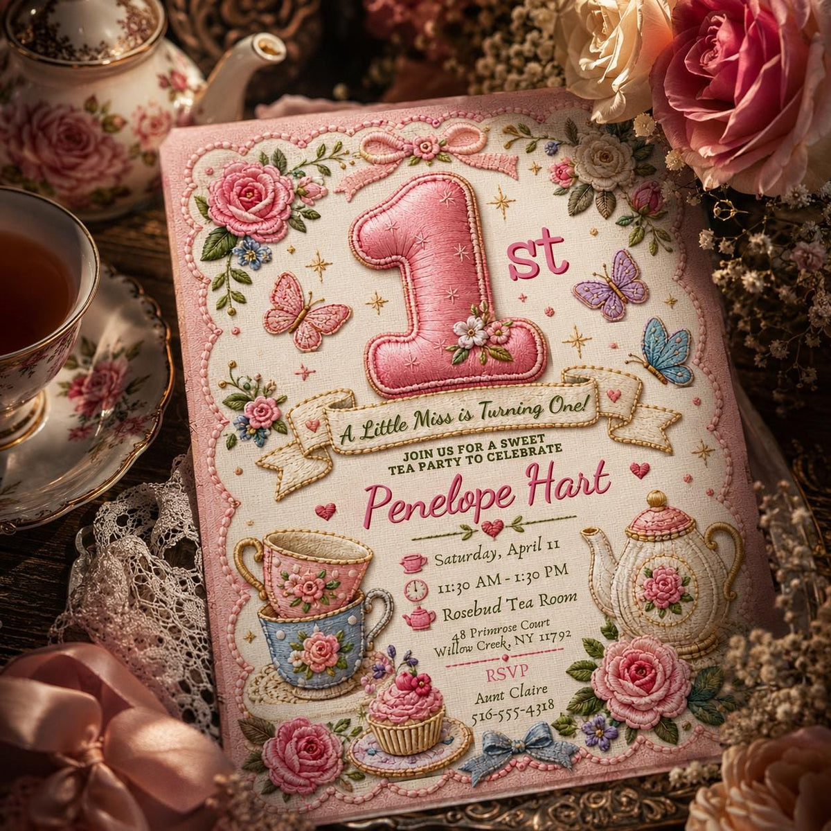 Floral Tea Party 1st Birthday Invitation for Girls — digital invitation, instant download