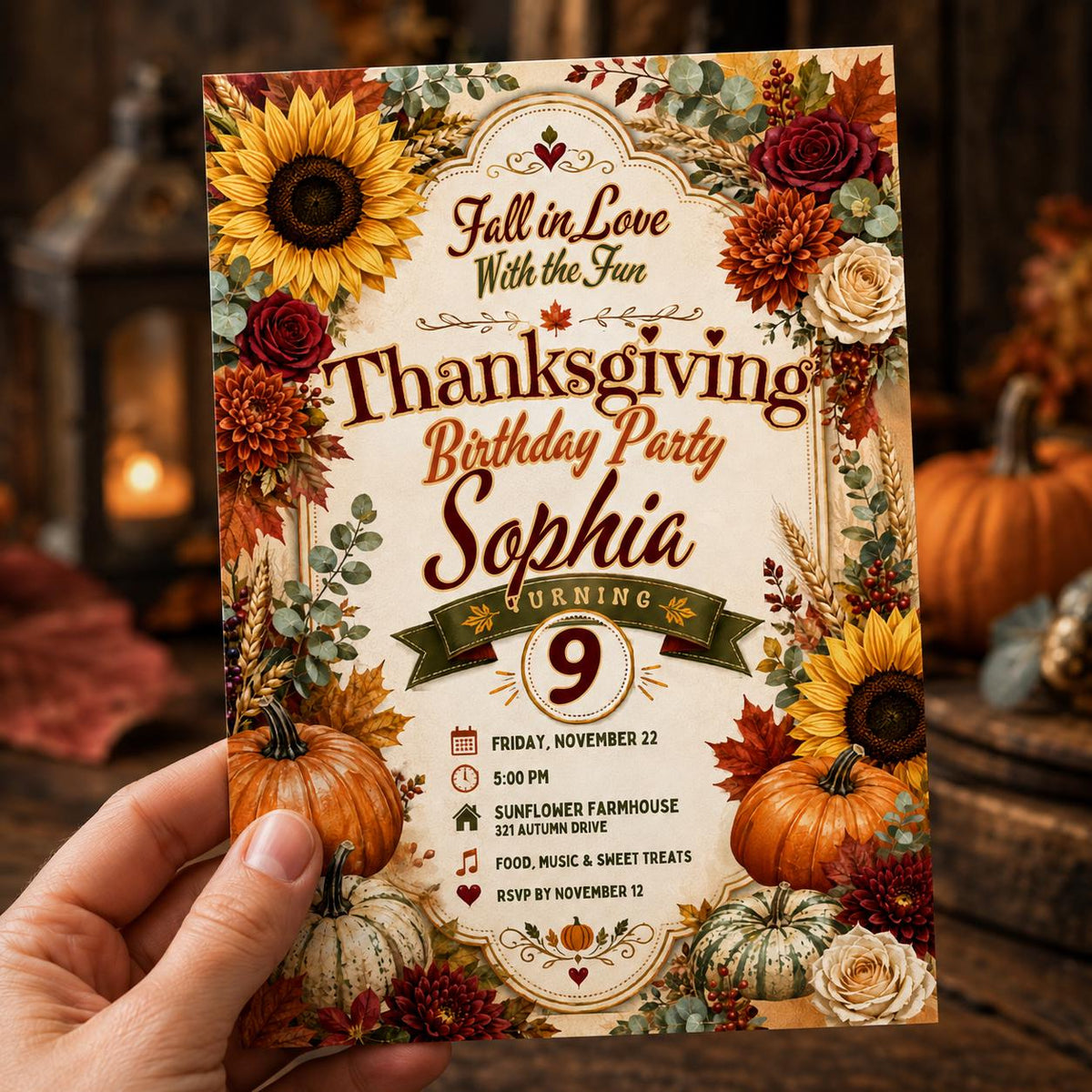 Floral Thanksgiving 9th Birthday Invitation for Girls — print-ready 9th birthday party design from VoltBy