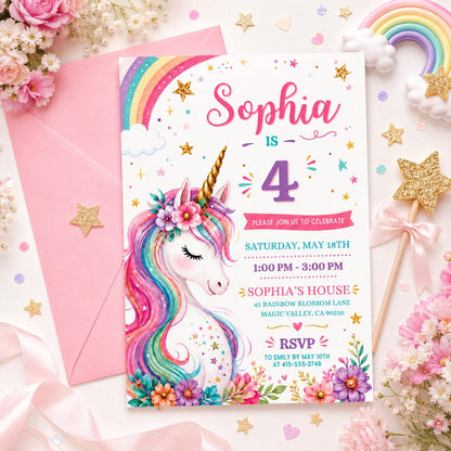 Floral Unicorn 4th Birthday Invitation with Gold Horn — space artwork in pink and purple