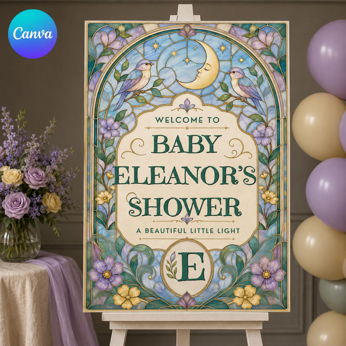 Floral Vintage Baby Shower Welcome Sign — editable Canva template