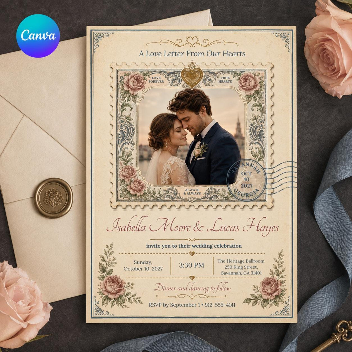 Floral Vintage Postage Wedding Invitation — editable Canva template