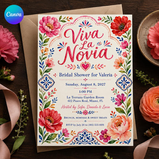 Floral Viva La Novia Bridal Shower Invitation — editable Canva template
