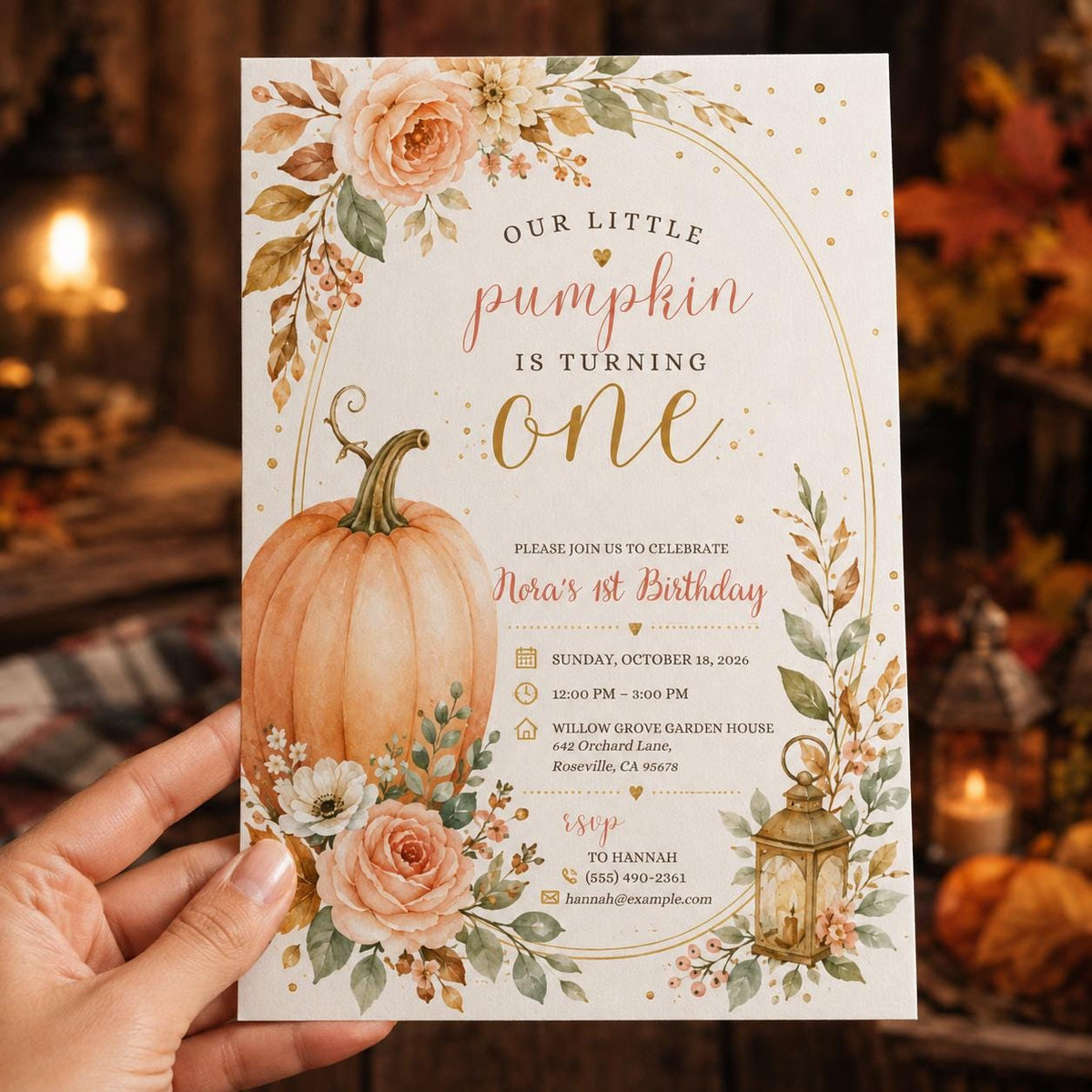 Floral Watercolor Little Pumpkin First Birthday Invitation — boho first birthday design