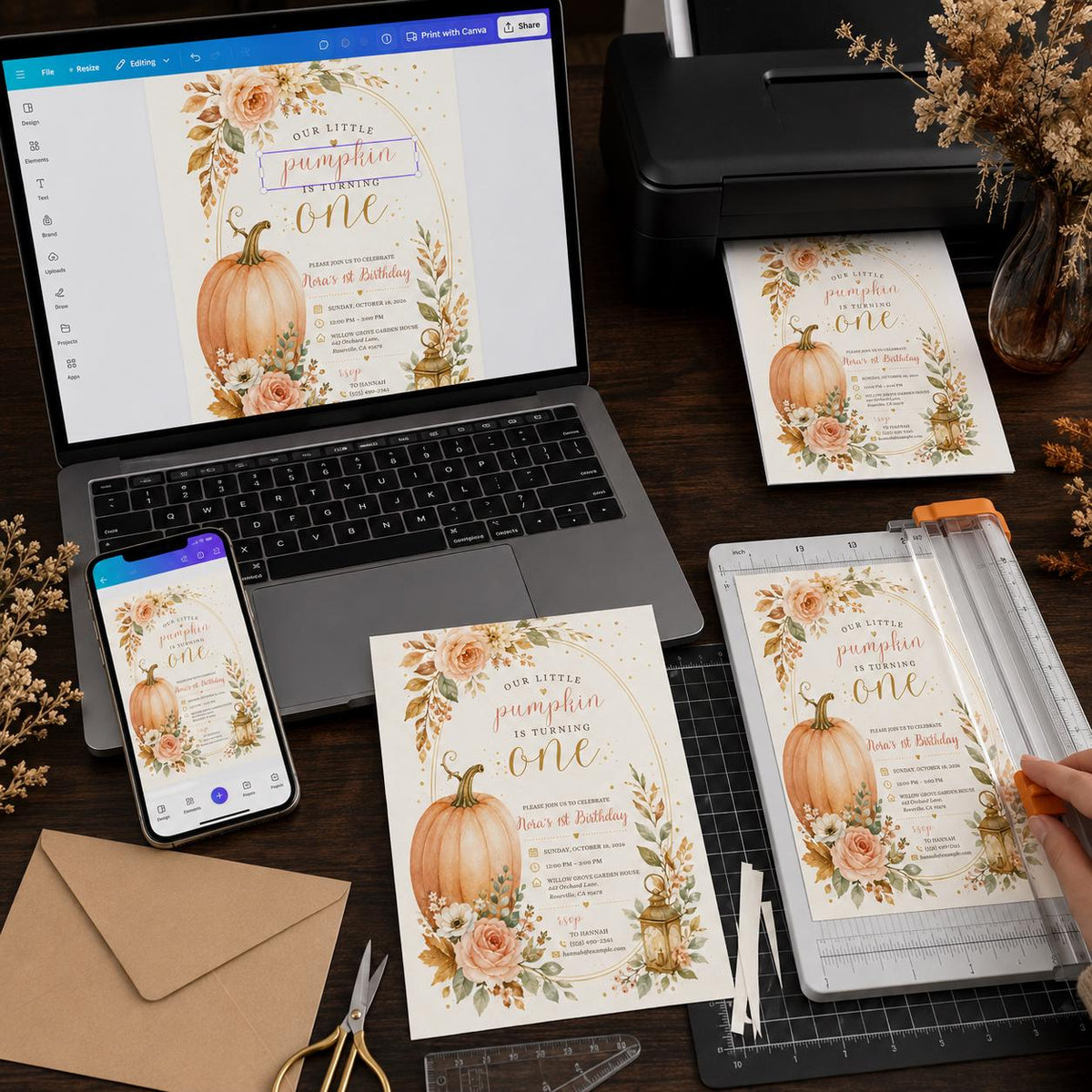 Floral Watercolor Little Pumpkin First Birthday Invitation — print-ready first birthday design from VoltBy