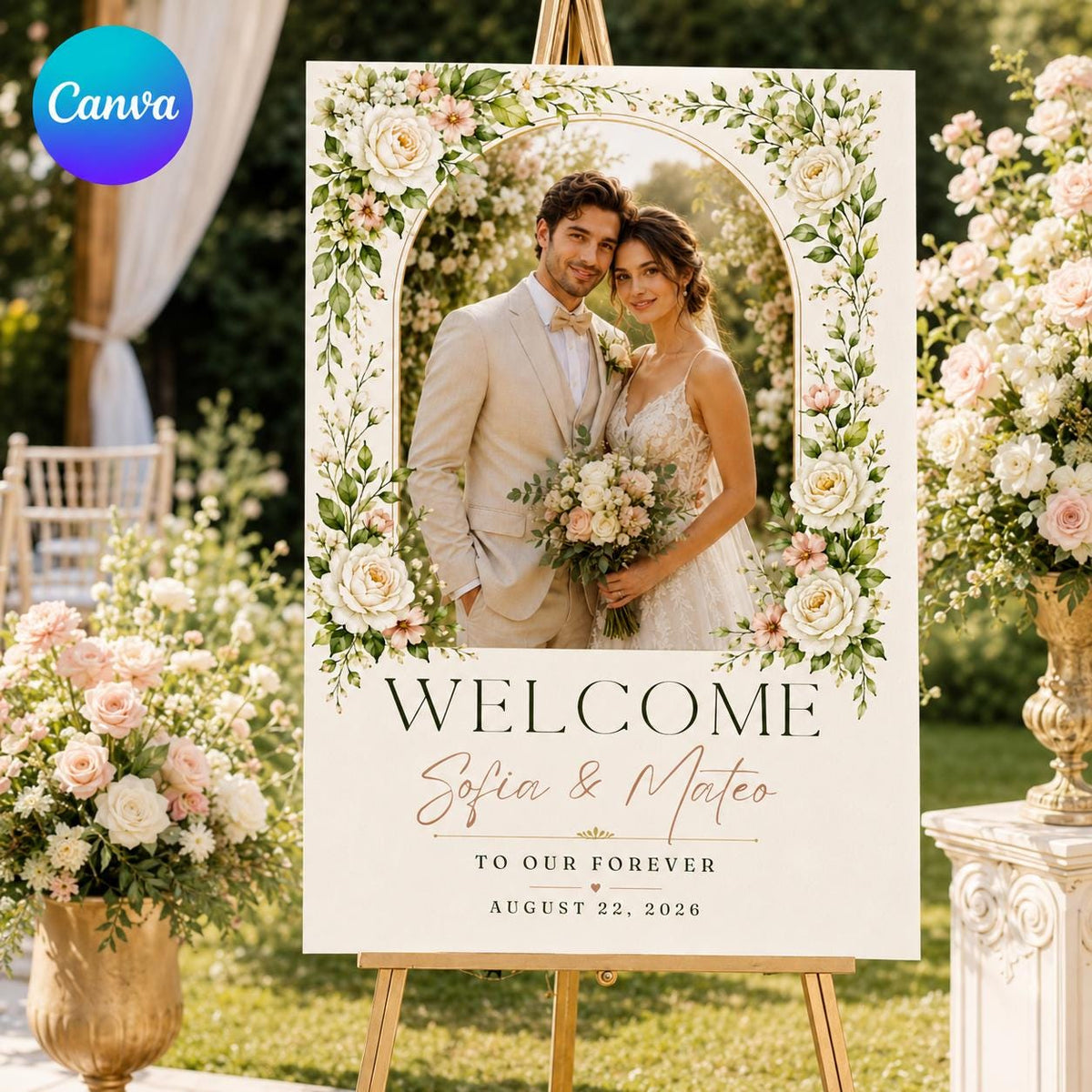 Floral Wedding Welcome Sign with Photo — editable Canva template
