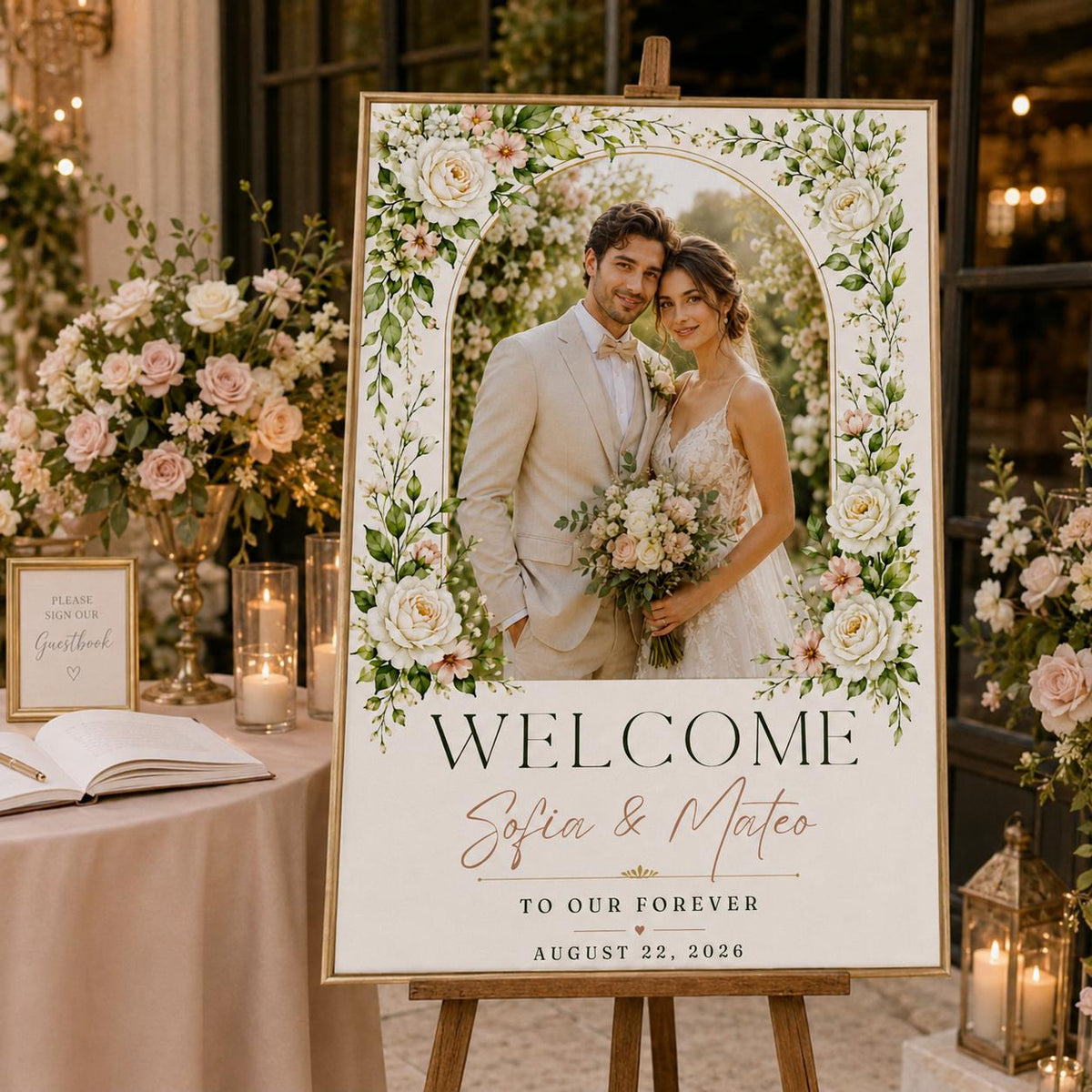 Floral Wedding Welcome Sign with Photo — garden design