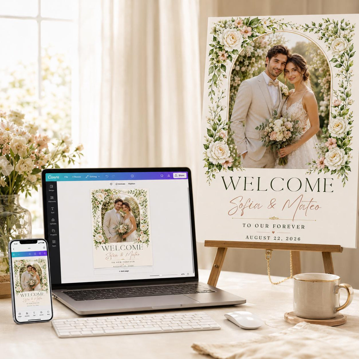Floral Wedding Welcome Sign with Photo — welcome sign you personalize in Canva